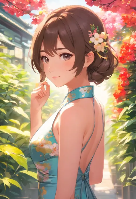 （From the outside） ， many color，Best quality at best，8K，real photograph，Delicate skin details，tmasterpiece，photograph of-realistic，Complicated details，RAW photogr,on the garden，ssmile，florals，Gorgeous cheongsam，Extra-long hair，cropped shoulders，delicated f...