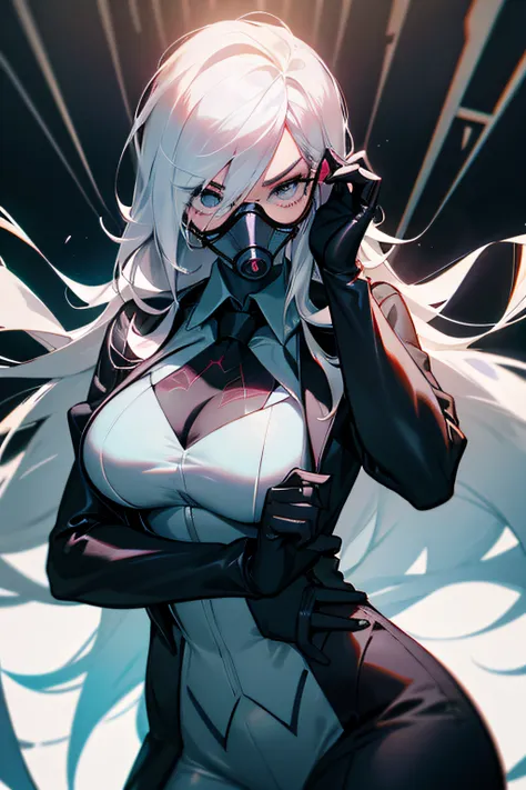 spidergwen with massive long hair spreading everywhere  , wearing lab coat ,  gasmask  , gasmask on her face  , white teacher  g...