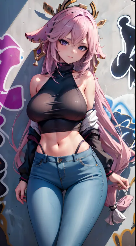 Yae Miko|genshin impact, master-piece, bestquality, 1girls,25 years old, kimono, Suit, Long Jeans, Beautiful breasts, bara, Long Jeans, (Graffiti:1.5), Splash with purple lightning pattern., arm behind back, against wall, View viewers from the front., Thig...