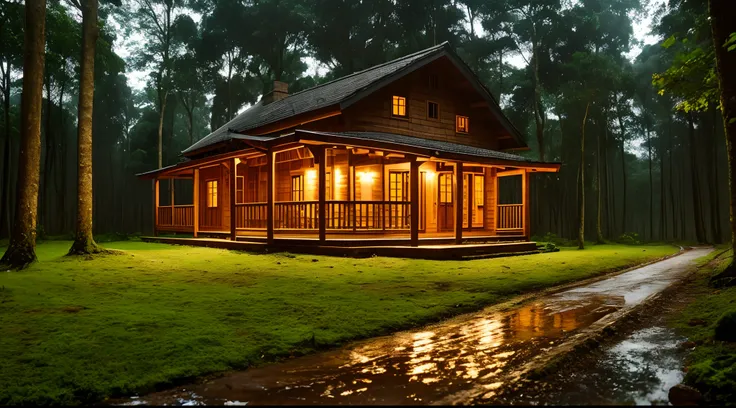 a wooden house in the woods at night on a rainy day, clouded skies, tempo chuvoso, neblina forte, foto realista, wet floor