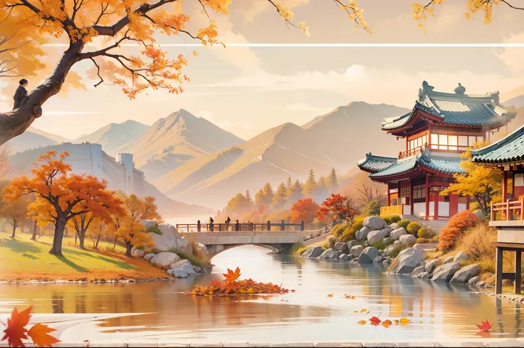 （Korea - Chic Korean autumn scenery，autumnal，eventide，riverbank，anatomy correct，Oriental elements），（Korea - Fashion illustration：1.5，Vector painting：1.5），（Chinese colors，senior color matching，gradient backgrounds，white backgrounid），（The is very detailed，re...