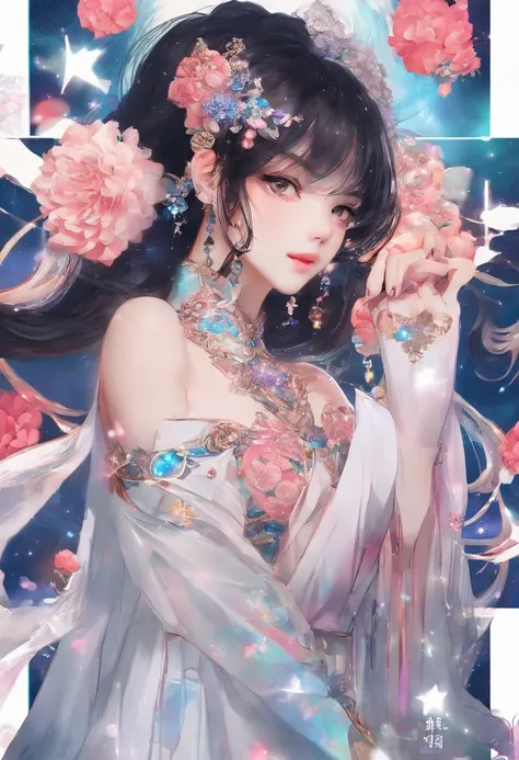 （From the outside） ， many color，Best quality at best，8K，real photograph，Delicate skin details，tmasterpiece，photograph of-realistic，Complicated details，RAW photogr,on the garden，ssmile，florals，Gorgeous cheongsam，Extra-long hair，cropped shoulders，delicated f...