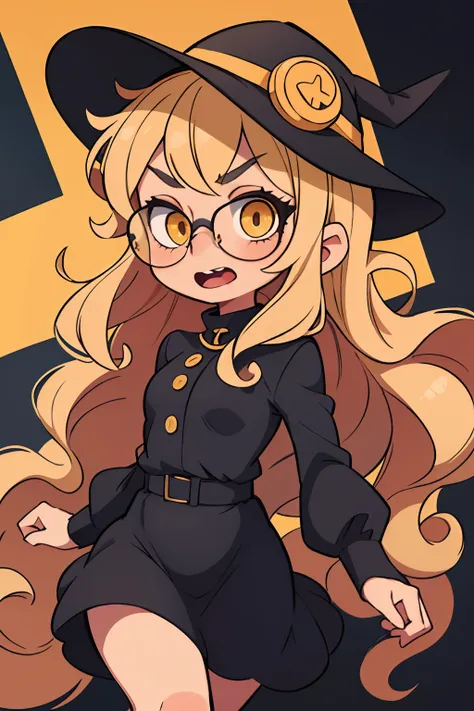 Girl with blonde hair, curly hair with yellow eyes, wearing glasses, wearing a black dress, evil face, open mouth