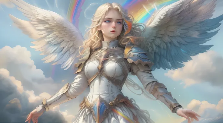 high details, best quality, 16k, [ultra detailed], masterpiece, best quality, dynamic angle, ultra wide shot, RAW, photorealistic, fantasy art, realistic art, a picture of a (colorful rainbow: 1.5) in the heavens and an archangel flying by, fantasy art, RP...