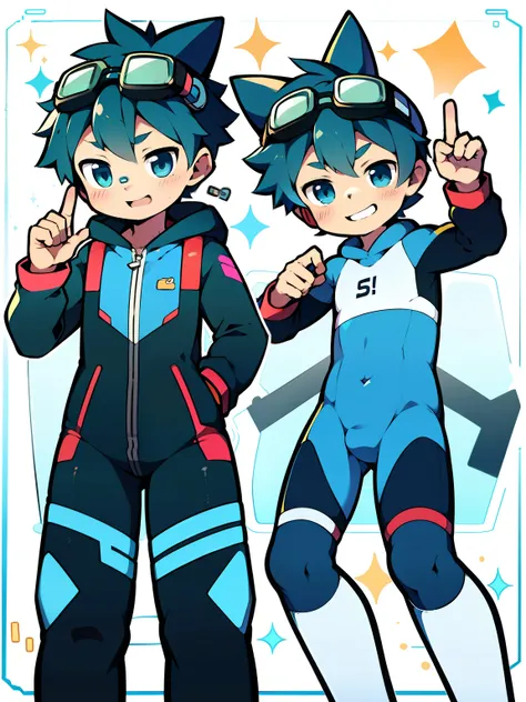 Two-dimensional cartoon boy Shota Shota，（One-piece ski suit：5），fully body photo，Protective goggles，Cute gestures，leg loops