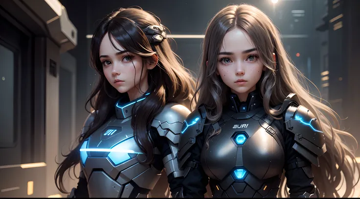 Big black eyes, Aura, light brown long wavy hair, Black and blue sci-fi armor, Sci-fi style, High quality, atmosphere, War