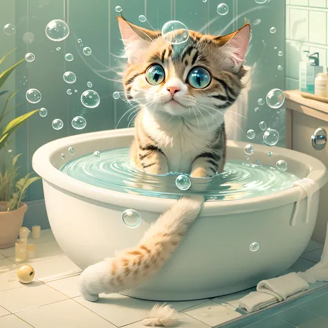 Cute round eyed cat in the bathroom, Sit in a bathtub with water, There are quite a few bubbles in the air.