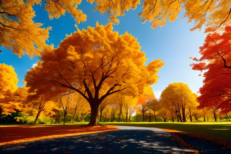 tmasterpiece，best qualityer，autumnal，photorealestic，There is a table and bench under the yellow leaf tree, Infrared photography, Infrared film, soft autumn sunlight, fall season, Kodak HIE infrared film, Magical tree, Yellow infrared, autumn sunlights, aut...