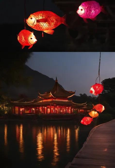 Flower lantern in the shape of a fish，lanterns，Length 2 meters，The eaves are six colors，Can be held by hand，China-style