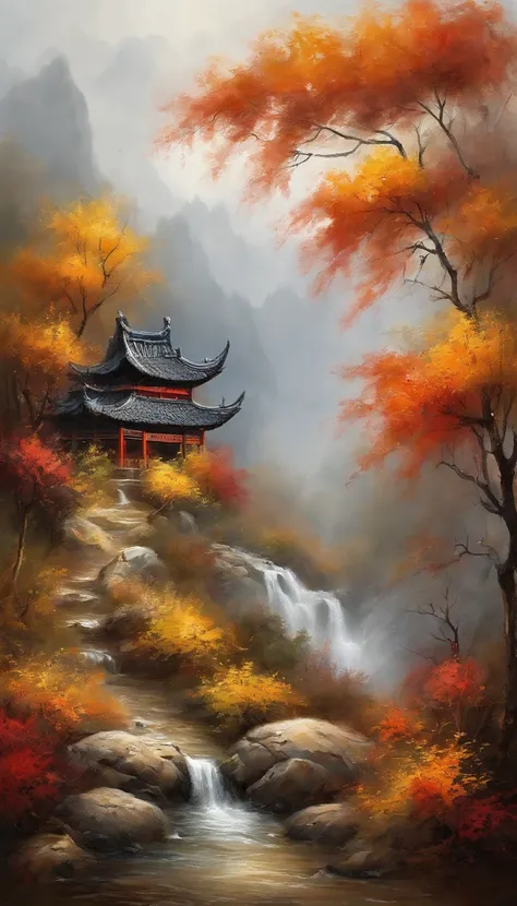 China-style，Ultra-wide angle of view，Beautiful view of autumn，mountain spring，waterfallr，Cloud fog，fall foliage，Fallen leaves all over the ground，oc rendered，high qulity，8K，super-fine，Hyper-realistic，Ultra photo realsisim，35mm camera lens，ultra - detailed