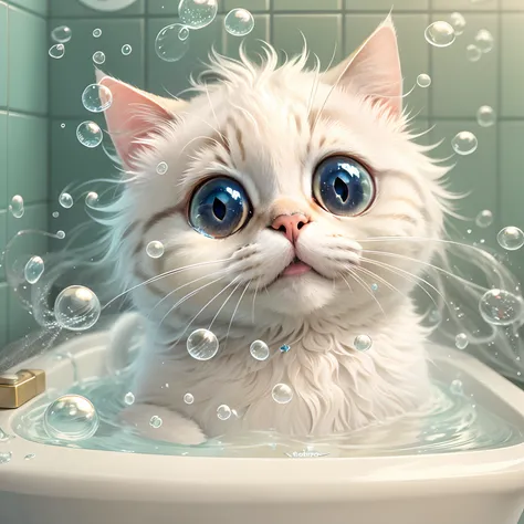 Cute round eyed cat in the bathroom, Sit in a bathtub with water, There are quite a few bubbles in the air.