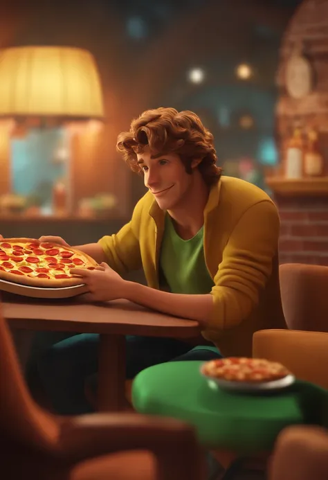 personagem Norville Shaggy Rogers, comendo pizza, (((imagem 3D))), imagem futurista