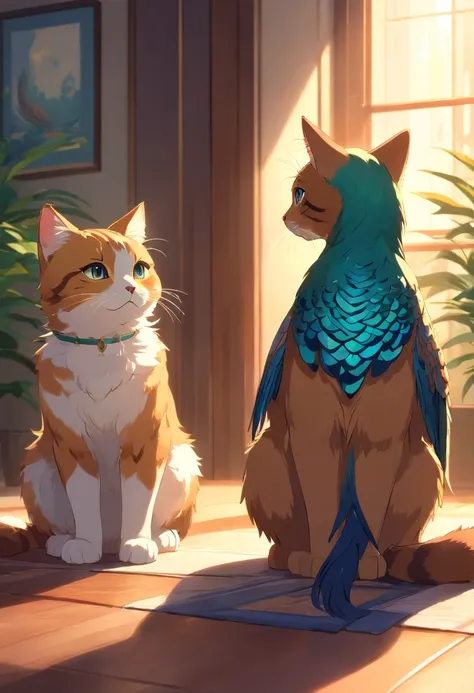 Pair a cat with a peacock, With high detail, Cinematic lighting, Rays of God, UHD, high definition