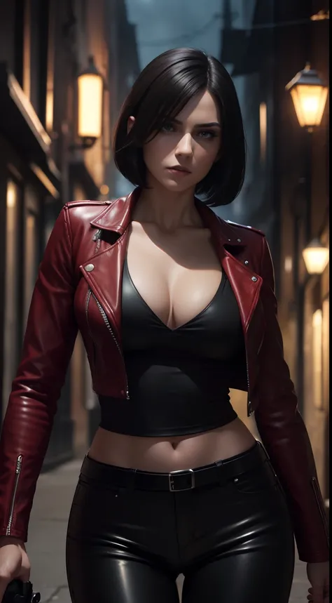 Photorealistic Image of Gorgeous British Vampire Woman with Proportional Body, (Short Bob Black Hair), Pale Skin, Serious Face, Deep Cleavage, (Red Leather Jacket, Black V-Neck Shirt, and Black Tight Long Pants), Holding a Handgun, Dark City Alley at Night...