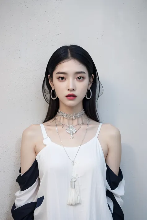 (extra detailed body、extra detailed face、best qualtiy:1.2)、femele、looking at the viewers、（Wacky fashion、Large shoulder-length piercings、a necklace、Clothes with strong contrast of gray and blue and white and black、asymmetry)、(Contrasting white and gray wall...