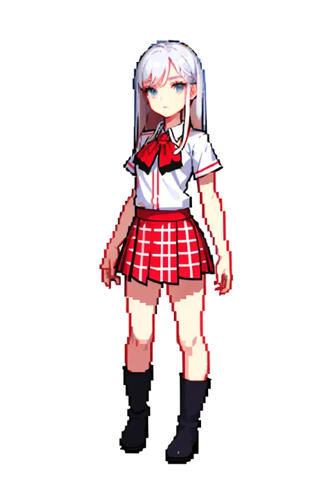 （tmasterpiece，top Quority，best qualtiy），pix，pixelart，1girl，full bodyesbian，silvery white hair，mid - length hair，Qi bangs，Wearing a short red plaid skirt，black long boots，White short T