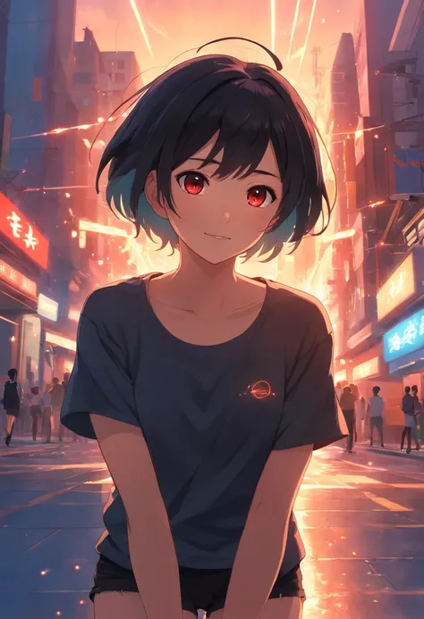 tmasterpiece, beste-Qualit, filmstill, 1 girl, black short hair, black long t-shirt.black shorts,Happy red eyes,a closeup of a, The vibrant, a happy, warm soft lighting, Sundown, (sparks: 0,7)