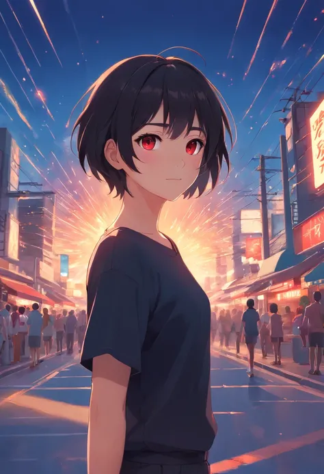 tmasterpiece, beste-Qualit, filmstill, 1 girl, black short hair, black long t-shirt.black shorts,Happy red eyes,a closeup of a, The vibrant, a happy, warm soft lighting, Sundown, (sparks: 0,7)