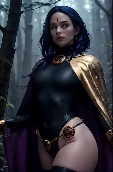 1girl, cowboy shot of rvn, hotraven, pale skin, black leotard, turtleneck, tights, cape, glowing eyes, gold belt, jewels, medallion, athletic, looking at viewer, night, dark forest, mist, fog, volumetric lighting, best quality, masterpiece, intricate detai...