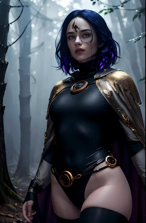 1girl, cowboy shot of rvn, hotraven, pale skin, black leotard, turtleneck, tights, cape, glowing eyes, gold belt, jewels, medallion, athletic, looking at viewer, night, dark forest, mist, fog, volumetric lighting, best quality, masterpiece, intricate detai...