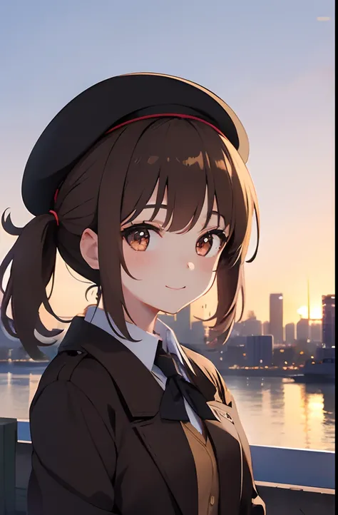 Friendly Looking, Sweet Looking, Anime girl, Brown pigtail hair, Brown hairs, Brown eyes, Beret, background landscape, neon Japanese style city at daytime, Bow, Cute Hair gib, Brown coat, Black ties, Black pants, looking at viewer, In shape, Cute, Upper bo...