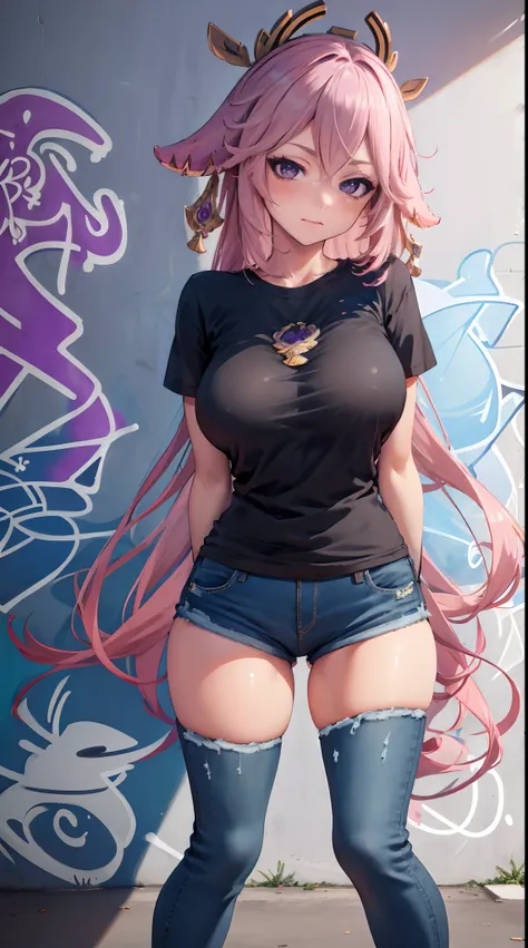 Yae Miko|genshin impact, master-piece, bestquality, 1girls,25 years old, Black T-shirt, Long Jeans, Beautiful breasts, bara, Long Jeans, (Graffiti:1.5), Splash with purple lightning pattern., arm behind back, against wall, View viewers from the front., Thi...