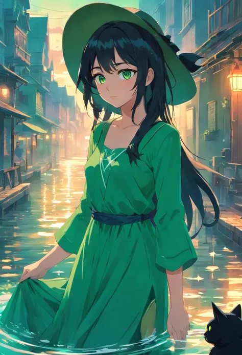 (Good Quality)girl with black hair,Green eyes,Witchs hat,Long Dress,water in the background,darkly,black cat in the background,beautiful clothing,frowning face