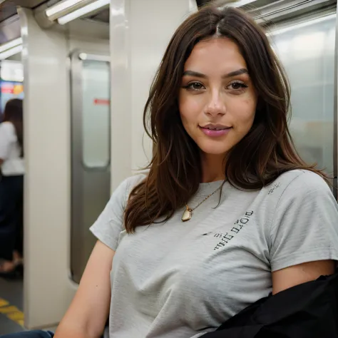 Cute beautiful brunette, Wear urban clothes,Full body,  Perfect Angle, (on the subway, subway), Very detailed, 32years old, Frivolous face, messy long hair, Brown eyes, hight resolution, masutepiece, Best Quality,Intricate details, Highly detailed,Sharp Fo...