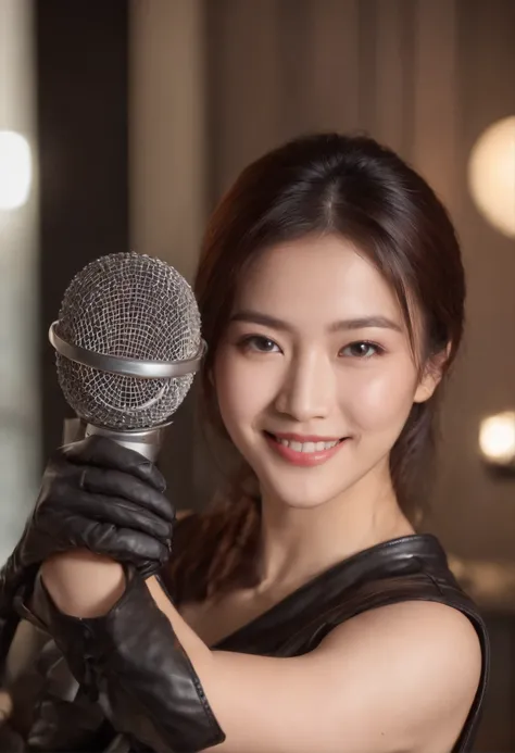 Holding microphone in hand in black leather gloves、Smiling Japan female announcer