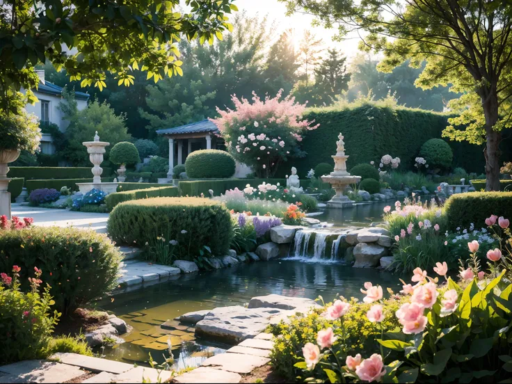 A girl stepping into a magical flower garden, as if entering another world. Various colorful flowers bloom under the sunlight, exuding enchanting fragrance. In the center of the garden, there is a gentle flowing stream, reflecting the beautiful scenery of ...