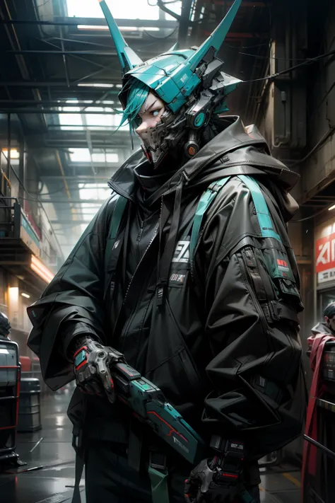 There was a boy wearing a mask and a black hoodie，With a knife in his hand, Hyper-realistic cyberpunk style，Digital cyberpunk anime style，cyan colors