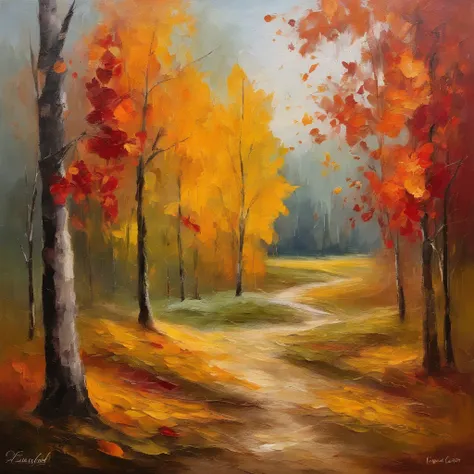 Autumn landscape,Beautiful gold leaf,Shadows fall,prime time,Soft lighting,Peaceful atmosphere,serene environment,serene gardens,Falling leaves,Gentle breeze,impressionist drawing,Rich textures,a warm color palette,Vivid red and orange,The subtle play of l...