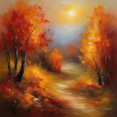 Autumn landscape,Beautiful gold leaf,Shadows fall,prime time,Soft lighting,Peaceful atmosphere,serene environment,serene gardens,Falling leaves,Gentle breeze,impressionist drawing,Rich textures,a warm color palette,Vivid red and orange,The subtle play of l...