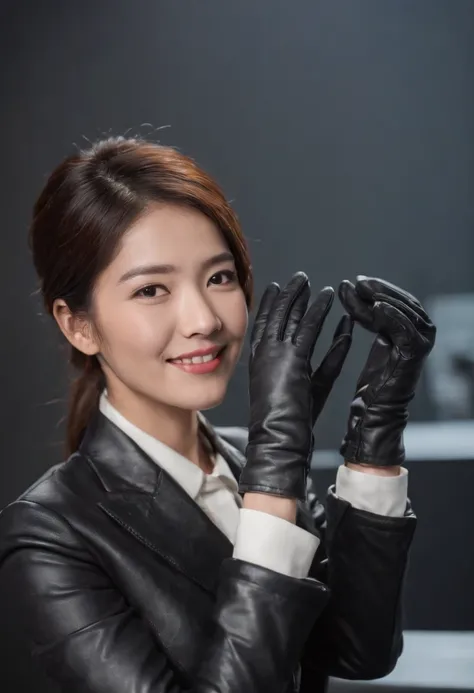 Point the microphone you hold in black leather gloves at you.、Japan female announcer smiling in suit