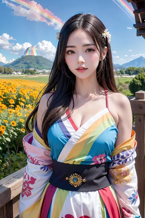 (1girl), reddish、de cor laranja、yellow、verdant、green grass、blue、A rainbow consisting of seven purple colors、The rainbow is the bridge between heaven and earth, Amaterasu stepped on a rainbow when descending from heaven, Amaterasu、Wearing a white kimono、Dra...