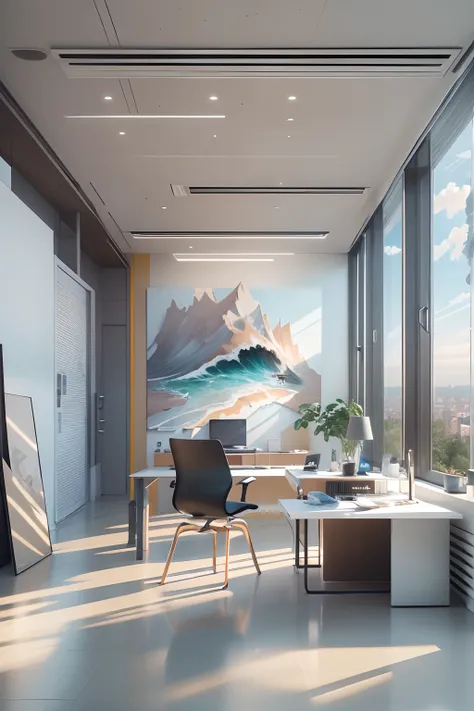 office room，There is a wall in the middle of the office,The painting on the wall is in the middle, Paintings on the walls, skyscape, Large airy windows, Zaha Hadid and Santiago Calatrava landscape panoramic style, Fish, Clear light, Edge lighting, Perfect ...