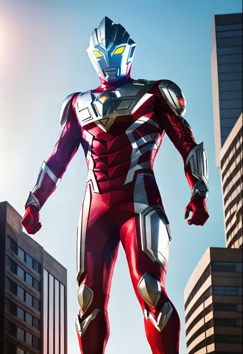 ultraman, giant hero, glowing red eye, city, building, noon, (full body), cinematic lighting, highly detailed, hdr, realistic, (((detailed background))), perfect anatomy,