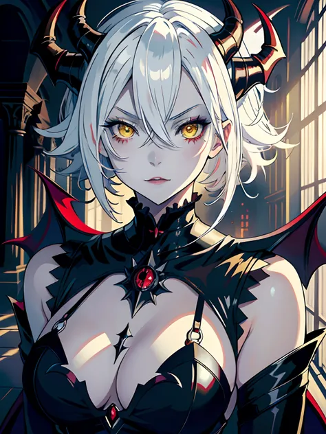 ((masterpiece, best quality)), (1girl, anime girl in the dark castle hall),(mature, devil horn), (solo), (female focus), (white hair, messy hair), yellow eyes, ((vampire)),yandere, evil, portraits, close up, upper body