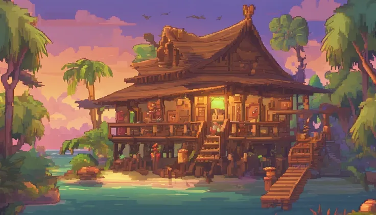 Pixel art of a beautiful tavern in the middle of the tropical forest, a sunset seen in the cloudy sky in the landscape, exotic birds flying around and swinging palm trees next to a sandbank on the beach, warm colors, soft lighting ::n_bad anatomy, mutation...