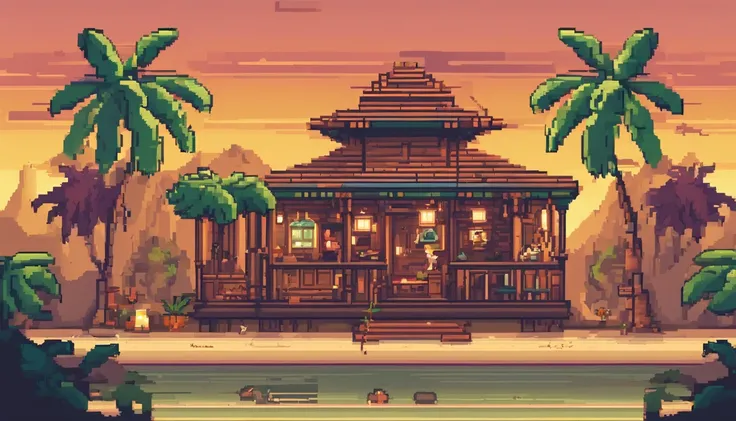 Pixel art of a beautiful tavern in the middle of the tropical forest, a sunset seen in the cloudy sky in the landscape, exotic birds flying around and swinging palm trees next to a sandbank on the beach, warm colors, soft lighting ::n_bad anatomy, mutation...