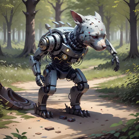 solo, full body, best quality, artwork, ultra realistic, a child with the robotic arm, another child made of steel, a robotic dog, playing in the yard, trees in the background, drones broken on the ground