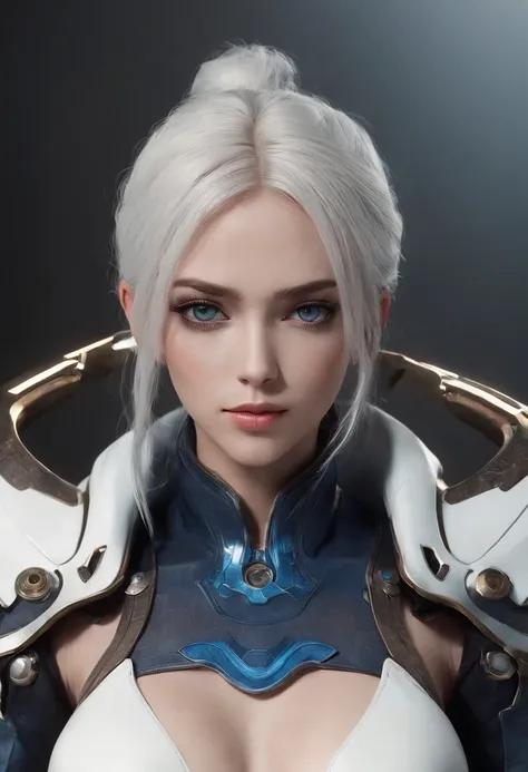 Cirilla Fiona Elen Riannon，Highest image quality，Outstanding details，超高分辨率，（Fidelity：1.4）, Favor the details，closeup cleavage，bow and arrows，High-tech dragon knight mech，He has a delicate and beautiful face，（（Blue-white flying semi-mechanical fuselage：1.8）...