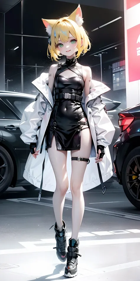 1 girl, pastelcolor, yellow hair strokes, Cyan eyes, short detailed hair, Small cat ears, Cyberpunk clothes, There are a lot of hairpins in the hair, Shoulders open, Hands open, Slimming the waist, A happy smile with a long tongue sticking out, Long tongue...