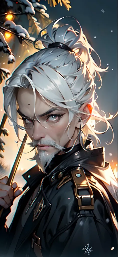 ((an extremely old man with beard)),(beautiful detailed eyes ), 1male, long white and silver robe with hood, long gray haid, glowing fluro red eyes, silver long beard, Homely old man, hair tied in a ponytail, (((red eyes))), old face, ecstatic look, white ...