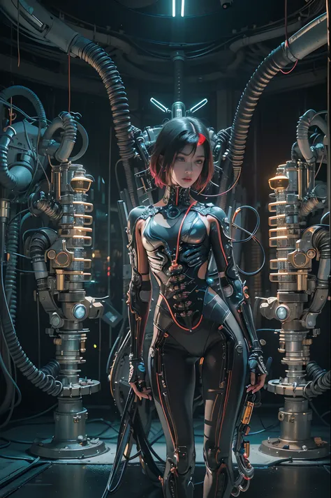 Top Quality, Masterpiece, Ultra High Resolution, ((Photorealistic: 1.4), Raw Photo, 1 cyberpunk Girl, Glossy Skin, 1 Mechanical Girl, (Ultra Realistic Details)), mechanical limbs, tubes connected to the mechanical parts, mechanical vertebrae attached to th...