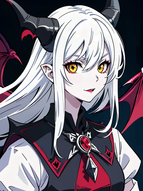 ((masterpiece, best quality)), (1girl, anime girl in the dark castle hall),(mature, devil horn), (solo), (female focus), (white hair, messy hair), yellow eyes, ((vampire)),yandere, evil, portraits, close up, upper body