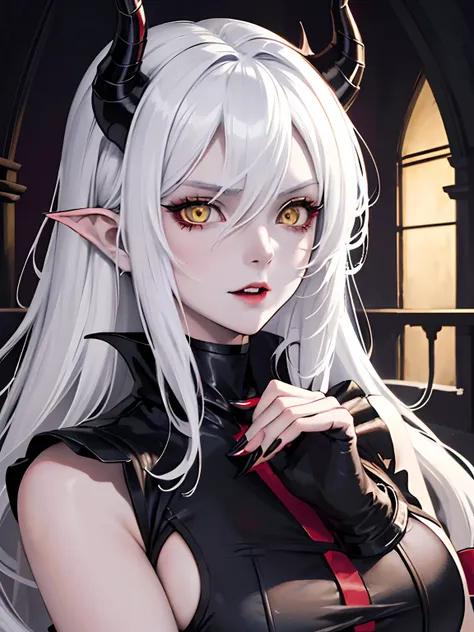 ((masterpiece, best quality)), (1girl, anime girl in the dark castle hall),(mature, devil horn), (solo), (female focus), (white hair, messy hair), yellow eyes, ((vampire)),yandere, evil, portraits, close up, upper body