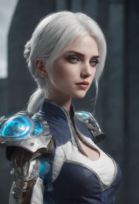 Cirilla Fiona Elen Riannon，Highest image quality，Outstanding details，超高分辨率，（Fidelity：1.4）, Favor the details，closeup cleavage，drawing bow，High-tech dragon knight mech，He has a delicate and beautiful face，（（Blue-white flying semi-mechanical fuselage：1.8）），R...