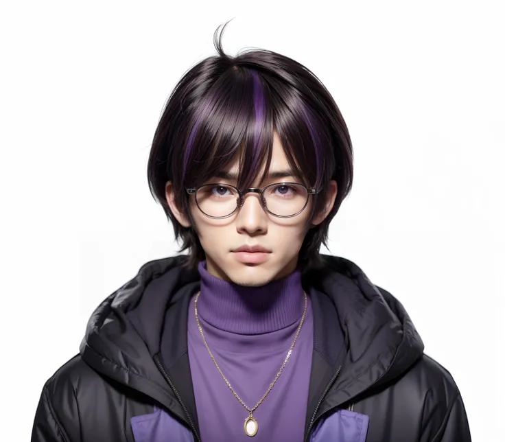 boy with glasses and purple sweater and necklace, young anime man, purple pupil.