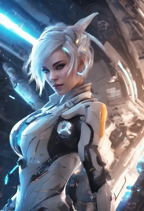 Cirilla Fiona Elen Riannon，Highest image quality，Outstanding details，超高分辨率，（Fidelity：1.4）, Favor the details，closeup cleavage，drawing bow，High-tech dragon knight mech，He has a delicate and beautiful face，（（Blue-white flying semi-mechanical fuselage：1.8）），h...